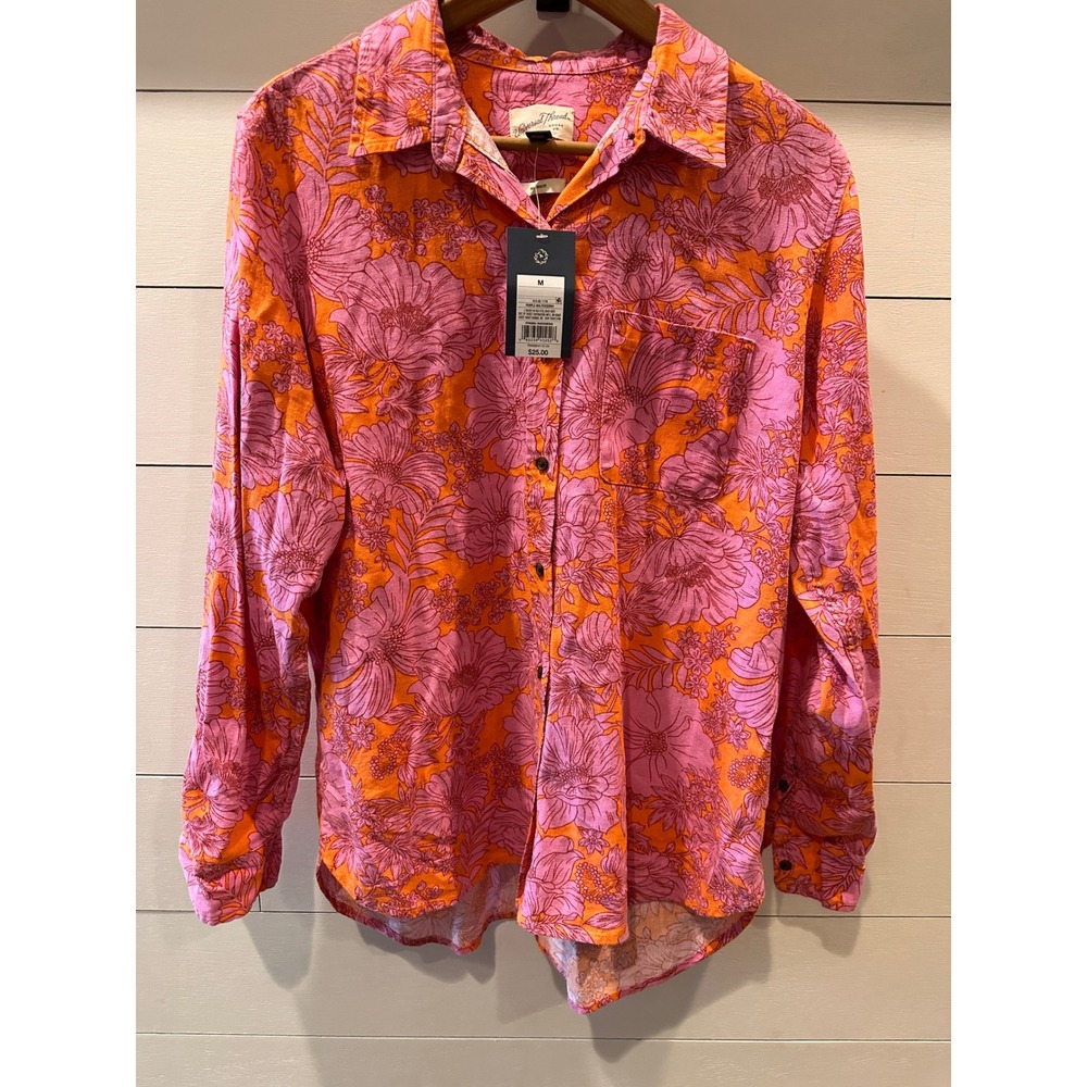 Universal Thread Womens Pink Orange Floral Linen Blend Button Down Shirt M NWT